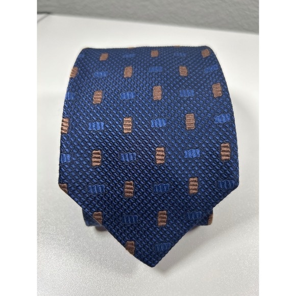 Luciano Barbera Other - Luciano Barbera Mens Silk Tie Blue Brown Geometric Pattern Made in Italy Navy